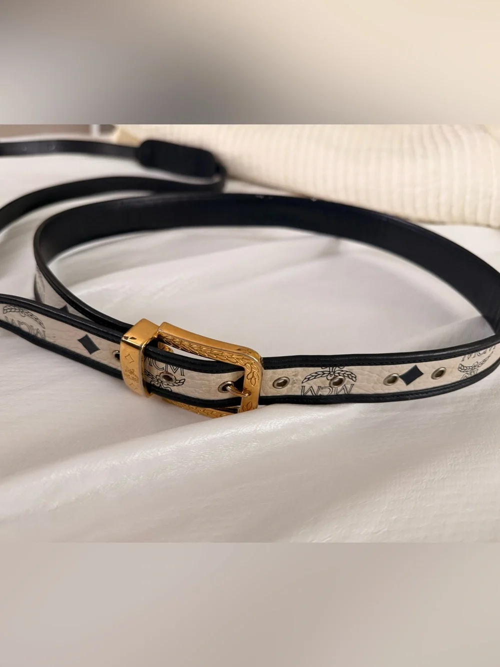 Vintage Designer-Inspired Navy Blue and Cream Leather Belt with Gold Buckle